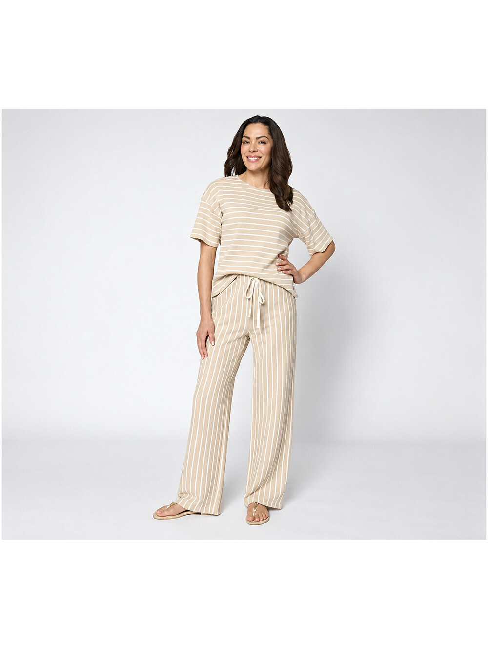 Peace Love World Regular Honeycomb Knit Top and Pant Set Neutral Stripe, Medium